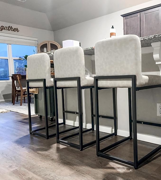 ALPHA HOME 24” Bar Stools Set of 3 Counter Height Bar Stool Pu Leather Kitchen Modern Bar Stools with Backrest Upholstered Footrest Sturdy Chromed Metal Steel Frame,Light Gray