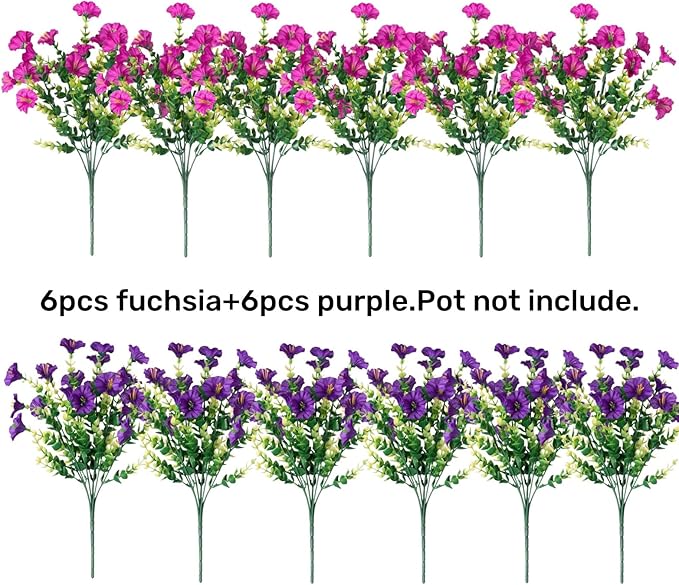 Artificial Flowers Fake Plants for Outdoors Decoration, 12 Bundles Silk Morning Glory with Eucalyptus Realistic UV Resistant Faux Flowers for Outside Planter Porch Yard Patio Garden Home Indoor, Mix