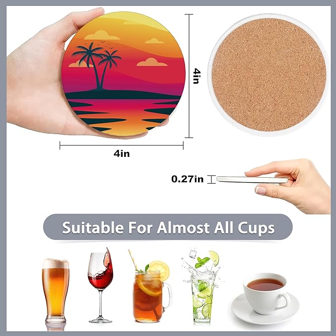 Drink Coasters Set of 6 with Holder,Beach Palm Trees Sunset Landscape Absorbent Ceramic Coasters with Cork Base,Fit All Cups,Tabletop Protection Mat for Mugs and Cups,Office,Kitchen