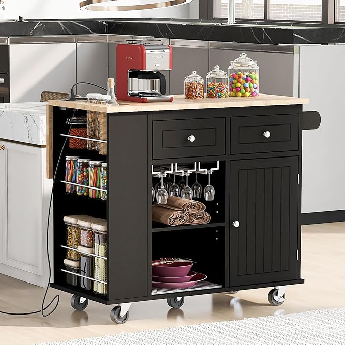 Merax Rubber Wood Kitchen Island with Adjustable Storage, Rolling Kitchen Storage Cart with Drop Leaf, Open Storage, Wine Rack, 5 Wheels for Home, Kitchen, Dining Room, Black