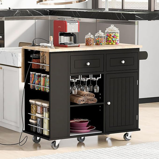 Merax Rubber Wood Kitchen Island with Adjustable Storage, Rolling Kitchen Storage Cart with Drop Leaf, Open Storage, Wine Rack, 5 Wheels for Home, Kitchen, Dining Room, Black