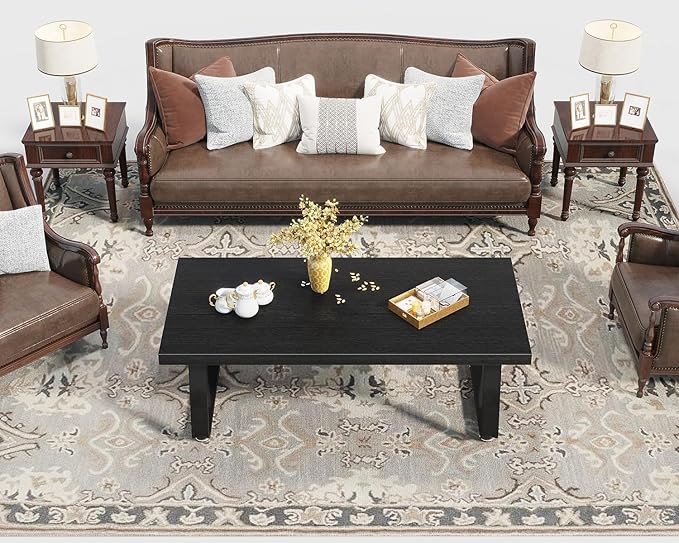 HSH Black Coffee Table, Industrial Wood and Metal Legs Center Table, Modern Minimalist Rectangle Cocktail Table for Living Room, Farmhouse Wooden Tea Table for Bedroom Home Office, Black Oak, 47 Inch