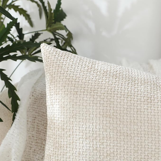 Stellhome Pack of 2 Woven Textured Decorative Throw Pillow Covers Soft Chenille Accent Luxury Cushion Cases for Living Room Couch Bed Sofa Farmhouse Boho Home, 12x20 inch, Cream