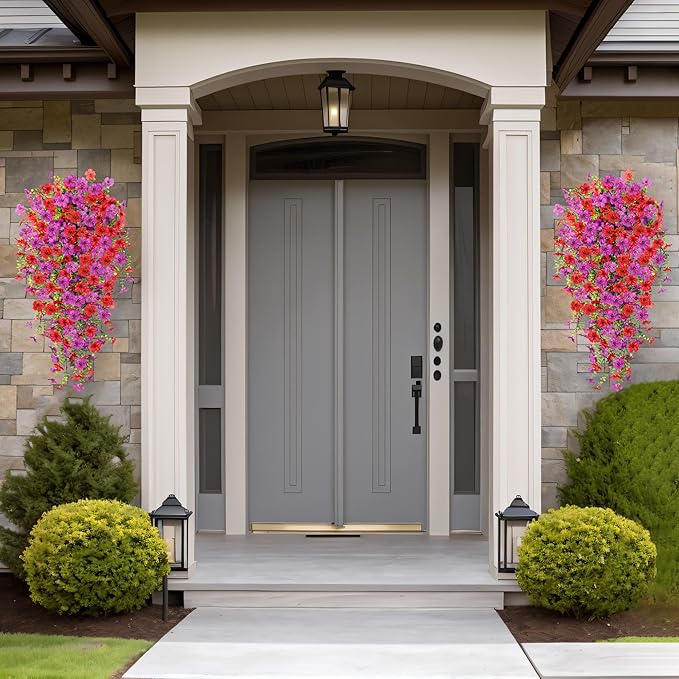 Artificial Hanging Flowers for Outdoors Faux Plants Decoration, 2 Packs Fake Silk Daisy Flower Realistic Outdoor Flowers UV Resistant Porch Patio Window Yard Outside Decor(Red Purple)