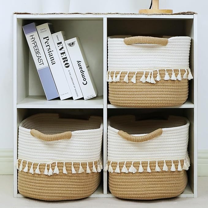 TeoKJ Woven Storage Bin Set of 3, Cotton Rope Basket for Storage, Clothes Boho Basket Bin for Organizing, Fabric Basket for Books, Plants, Pet Treats, White & Jute