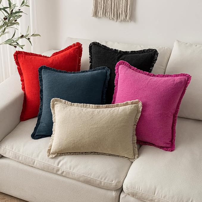 MIULEE Christmas Decorative Throw Pillow Covers Neutral Linen Fringe Throw Pillows Set of 2 Red Boho Farmhouse Cushion Covers with Tassels for Couch Sofa Bed Living Room Spring Home Decor 20x20 Inch