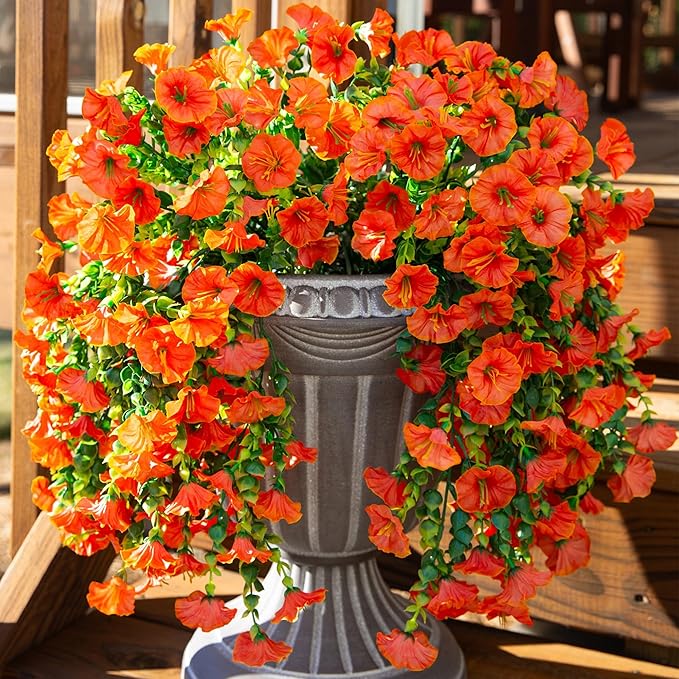Ivydale 2 PCS Artificial Fall Hanging Flowers Fake Plants Outdoor,Silk Morning Glory Faux Flowers with Eucalyptus,UV Resistant Realistic Petunias Plants for Home Garden Decor (Orange(Leaves Green))