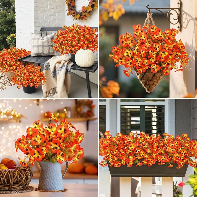 16 Bundles Artificial Fall Flowers for Outdoors Decoration, Fake Pansy Flowers UV Resistant Silk Faux Pansies Autumn Plants for Garden Window Box Patio Planter Porch Home Decor, Orange