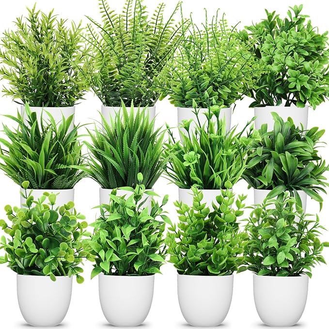 LELEE Artificial Plants Mini Fake Potted Plants, 12 pcs Small Eucalyptus Potted Faux Decorative Grass Plant with White Pot for Home Decor, Indoor, Office, Desk, Shelf, Table Decoration