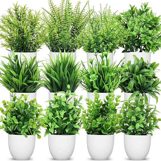 LELEE Artificial Plants Mini Fake Potted Plants, 12 pcs Small Eucalyptus Potted Faux Decorative Grass Plant with White Pot for Home Decor, Indoor, Office, Desk, Shelf, Table Decoration