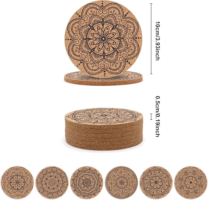 Coasters for Drinks 12 pcs Absorbent Cork Coasters with Flower Pattern Housewarming Gifts for New Home Present for Friends, Living Room Decor, Apartment Decor