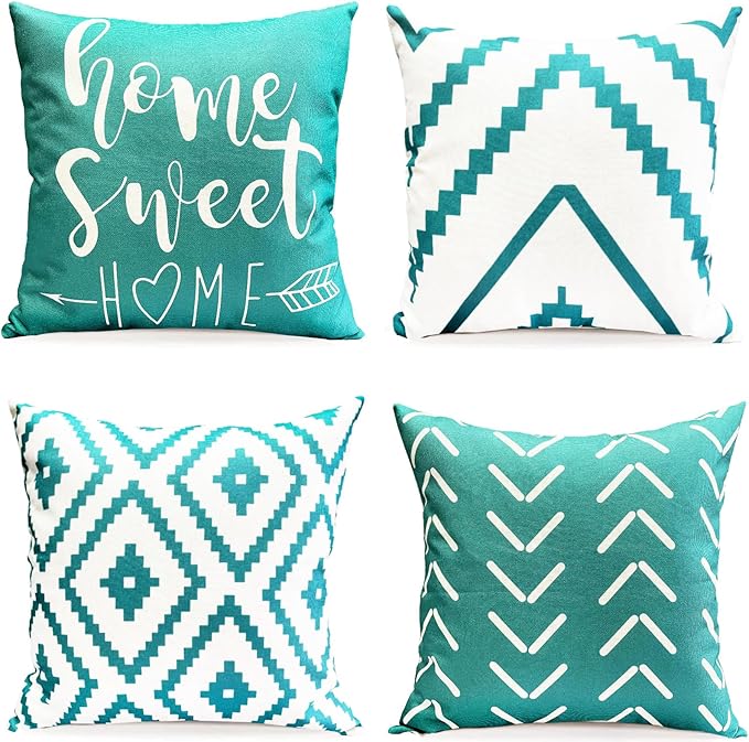 Decorative Throw Pillow Covers Set of 4 Aqua Blue Pillow Covers16x16 inch Throw Pillows Linen Square Pillow Case,Farmhouse Outdoor Modern Geometric Pillow Covers for Couch Sofa Bedroom