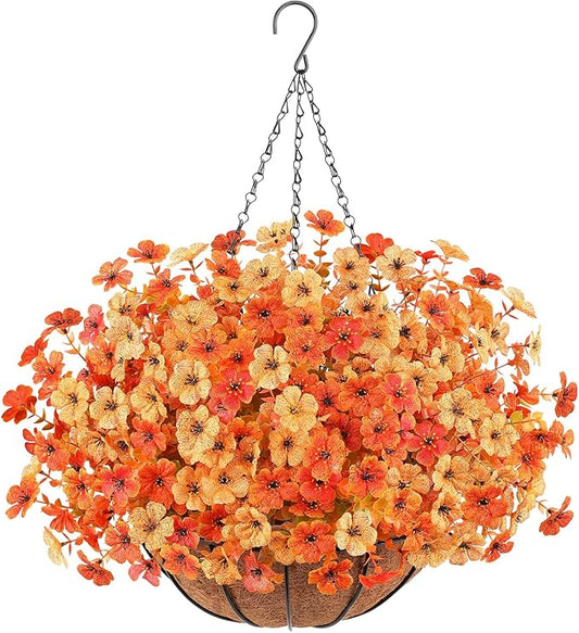 Artificial Fall Flowers Hanging Plants in Basket, Artificial Hanging Flowers for Autumn Outdoor Indoor Decor, UV Resistant Hanging Baskets with Fake Flowers for Fall Patio Garden Porch Deck Decoration