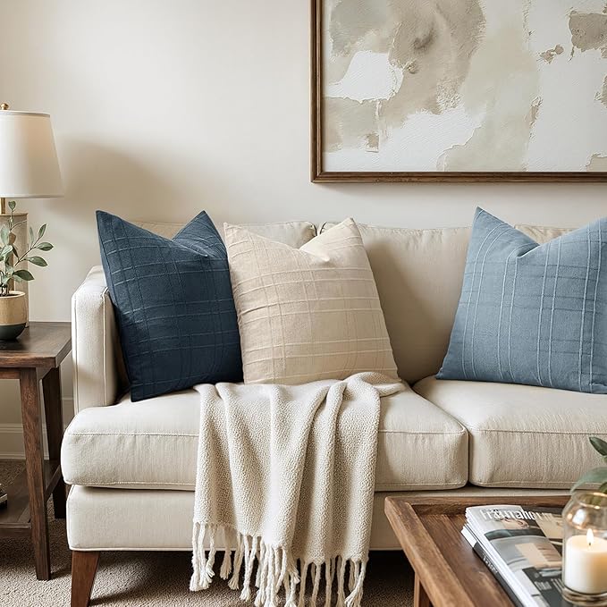 MIULEE Decorative Linen Check Throw Pillow Covers Neutral Farmhouse Vintage Pillow Covers 20x20 Set of 2 Boho Modern Home Decor for Sofa Couch Bedroom Cushion Blue Grey