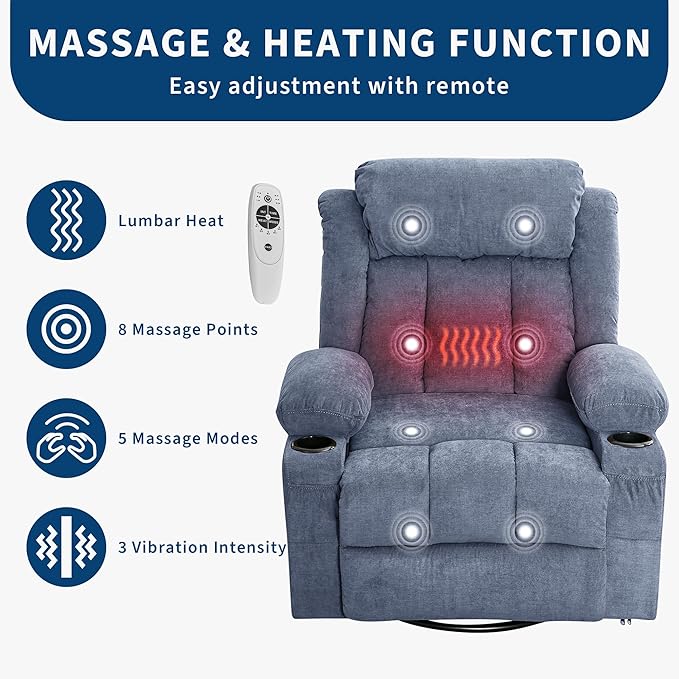GarveeHome 360° Swivel Rocker Recliner Chair with Heat Massage, Widen Overstuffed Single Sofa Lounge Chair with 3 Positions 2 Side Pockets Cup Holders USB Ports Remote Control Blue