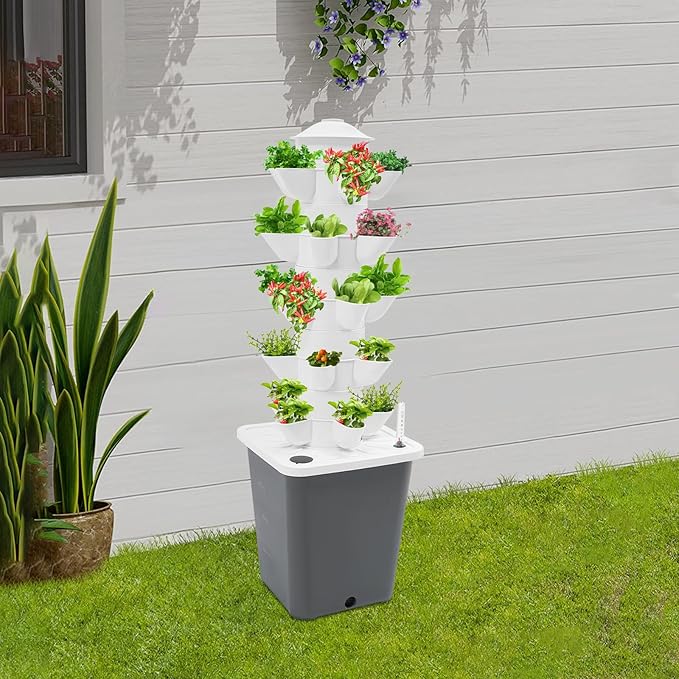 Hydroponics Growing System, 25-Plants Hydroponic Growing Kit Indoor Vertical Tower System Kit with Water Pump & Plug Nursery Germination Kit for Gardening Lover (Grey)