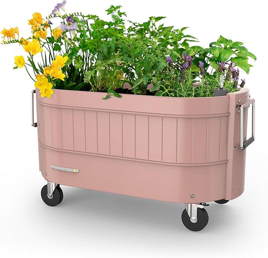 Permasteel Self-Watering Garden Bed, Rolling Planter for Vegetables, Flowers, Herbs, and Fruit, Outdoor Indoor, Caster Wheels, Pink