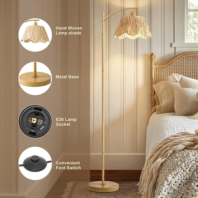 Oneach Boho Floor Lamp for Living Room, Farmhouse Standing Lamp with Foot Switch, Corner Reading Lamps for Bedroom with Hand-Woven Shade, Light Woodgrain Metal Base & Pole