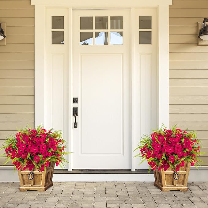 Artificial Flowers Outdoors 12 Bundles Artificial Petunias Fake Flowers UV Resistant Shrubs Plants with Fern for Indoor Outside Hanging Planters Home Garden Summer Decorations(Rose Red)