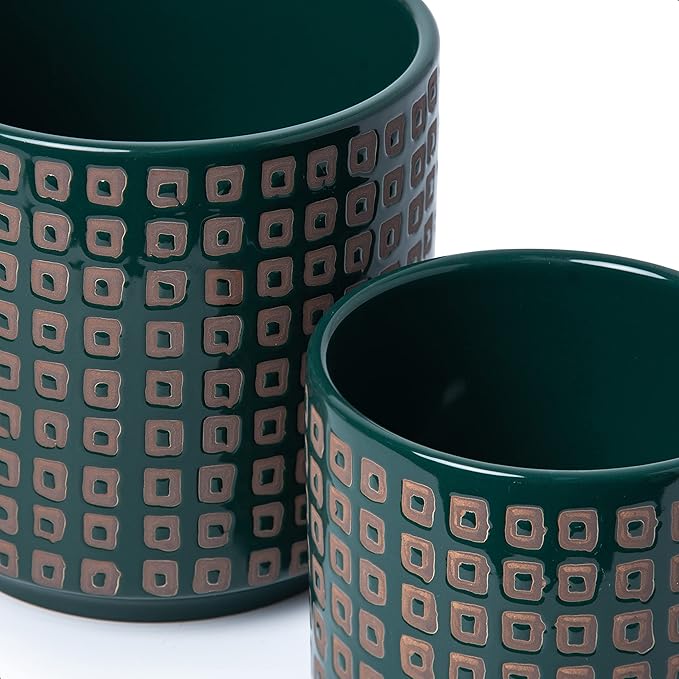 D'vine Dev Set of 2 Ceramic Planter Pots with Drainage Hole and Saucer, 4.5 Inch 6 Inch Plant Pots for Plants Indoor Houseplants, Green, 99-A-4