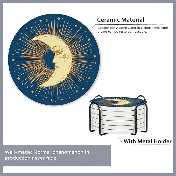 Drink Coasters Set of 6 with Holder,Gold Sun Moon Clouds Stars Absorbent Ceramic Coasters with Cork Base,Fit All Cups,Tabletop Protection Mat for Mugs and Cups,Office,Kitchen