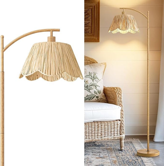 Oneach Boho Floor Lamp for Living Room, Farmhouse Standing Lamp with Foot Switch, Corner Reading Lamps for Bedroom with Hand-Woven Shade, Light Woodgrain Metal Base & Pole