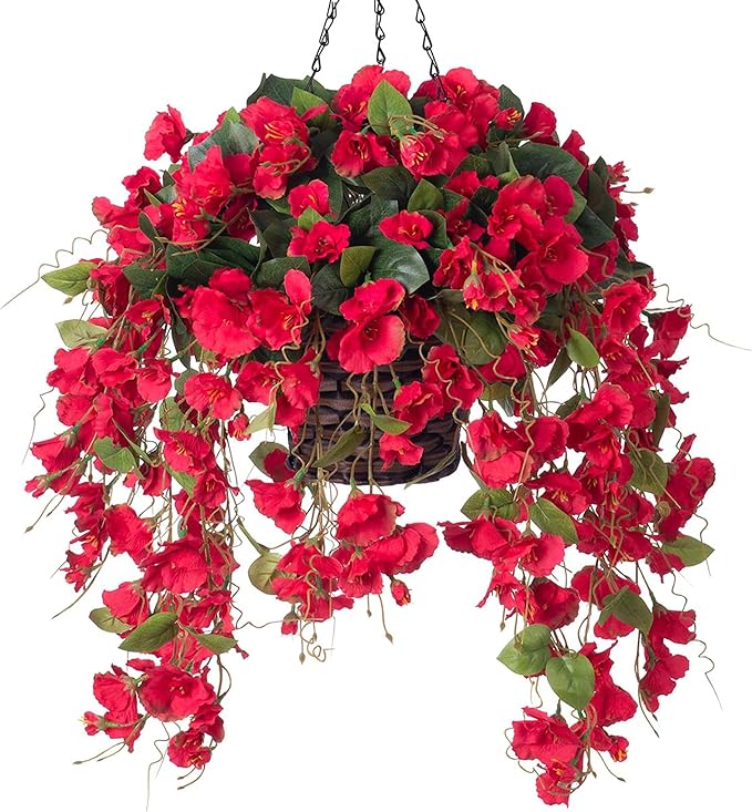 Artificial Fake Hanging Hibiscus Flowers Plants Baskets for Outdoor Decor, Faux Silk Hibiscus Long Vines in Planter UV Resistant Realistic Flowers for Outside Porch Patio Home Decoration, Red