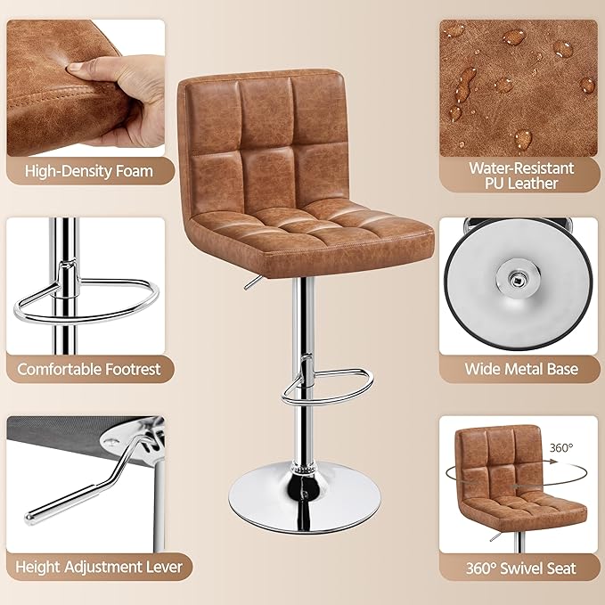Yaheetech Bar Stools Set of 4, PU Leather Swivel Barstools, Height Adjustable Counter Chairs, Modern Stools with Back for Bar Kitchen Island Dining Room, Retro Brown