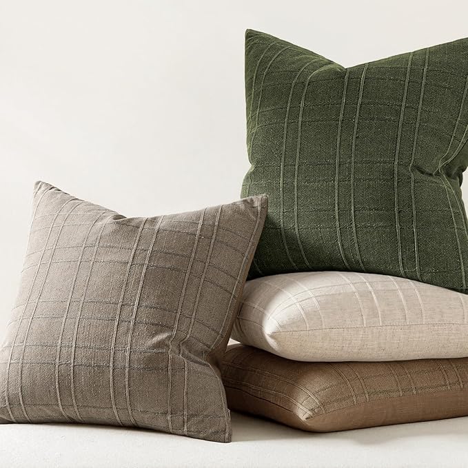 MIULEE Decorative Linen Check Euro Shams Throw Pillow Covers Neutral Farmhouse Vintage Christmas Pillow Covers 28x28 Set of 2 Boho Modern Home Decor for Sofa Couch Bedroom Cushion Dark Olive Green