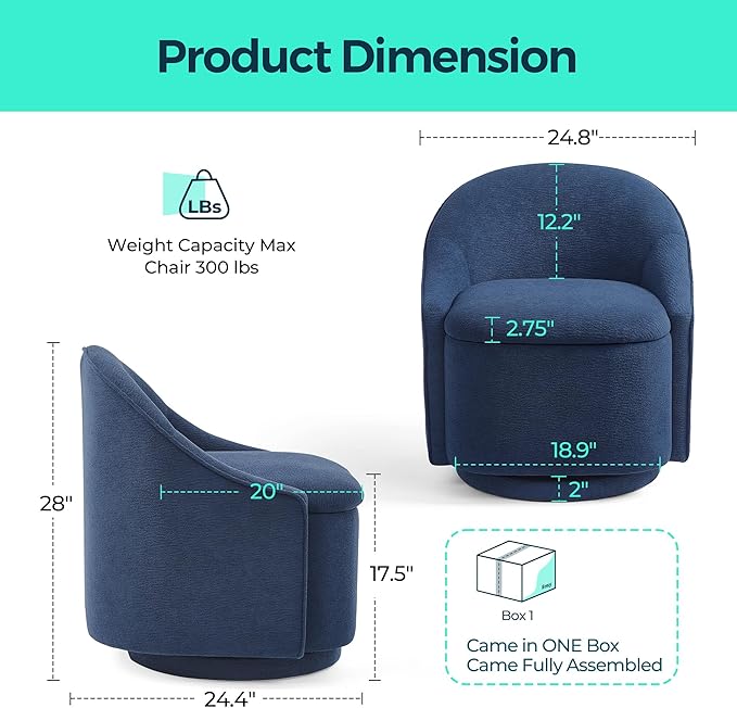 LINSY Swivel Accent Chair with Storage Comfy Chenille Barrel Chairs, Small 360 Swivel Modern Armchair for Living Room Bedroom, Boucle Reading Chair for Study Room (Blue)