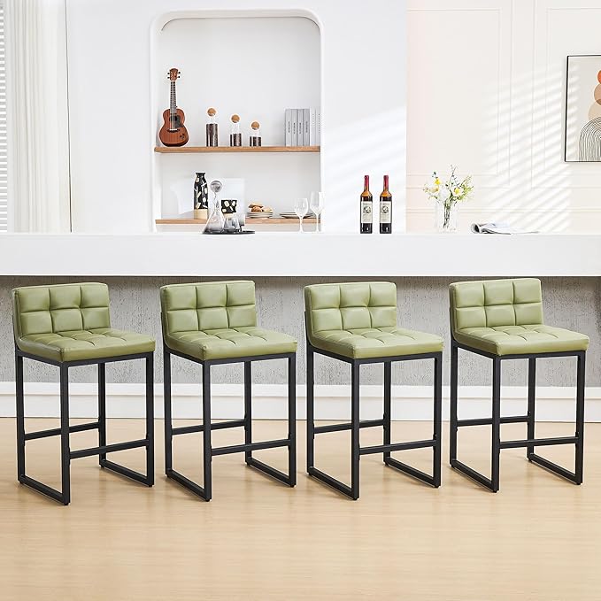 Counter Height Bar Stools Set of 4, Modern Counter Stools with Back and Thickened Metal Legs, Armless Bar Chairs for Kitchen Island (Avocado Green, 4Pcs 26" Bar Stools)