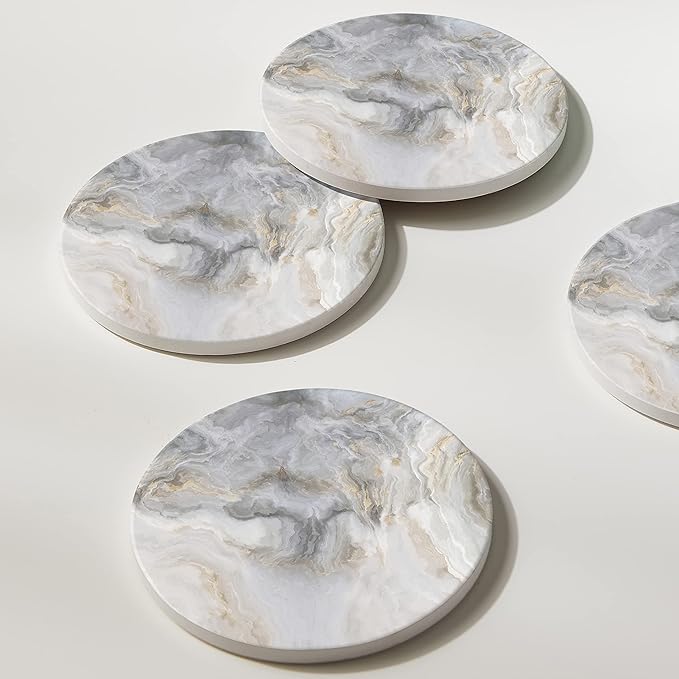 Set of 6 Abstract Gray White Marble Coasters with Holder, Absorbent Ceramic Coasters for Drinks, Coasters with Cork Backing for Table Protection, Housewarming Gifts for New Home