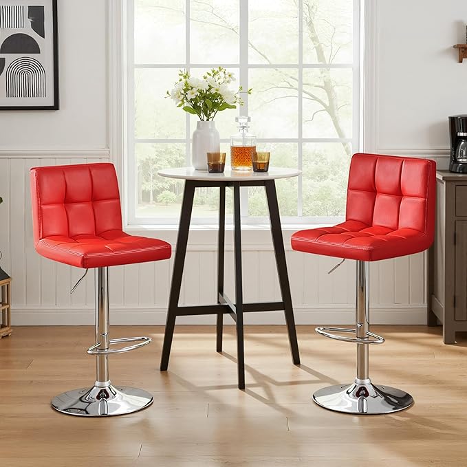 Yaheetech Bar Stools Set of 2, Adjustable PU Leather Swivel Barstools, Modern Counter Stools with Back and Footrest, Counter Height Barstools for Bar, Kitchen, Dining Room, Red