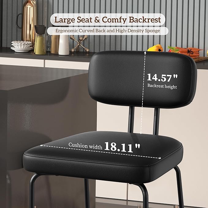 Counter Height Bar Stools Set of 4, 26" Faux Leather Kitchen Counter Bar Stools with Backs, Metal Legs, Footrest, Bar Chairs for Kitchen Island, Black