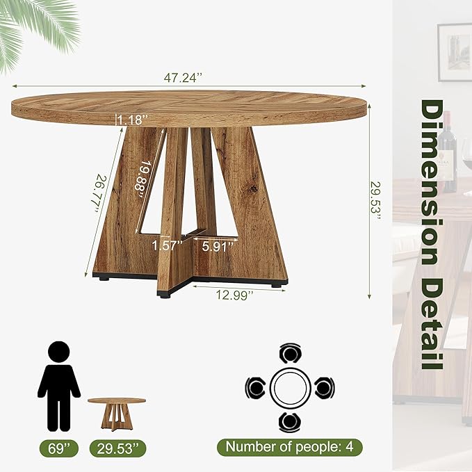 NicBex 47 Inch Round Dining Table, Wooden Dinner Table for 4, Small Farmhouse Kitchen Tables with Cross Base for Dining Room, Kitchen, Living Room, Light Brown