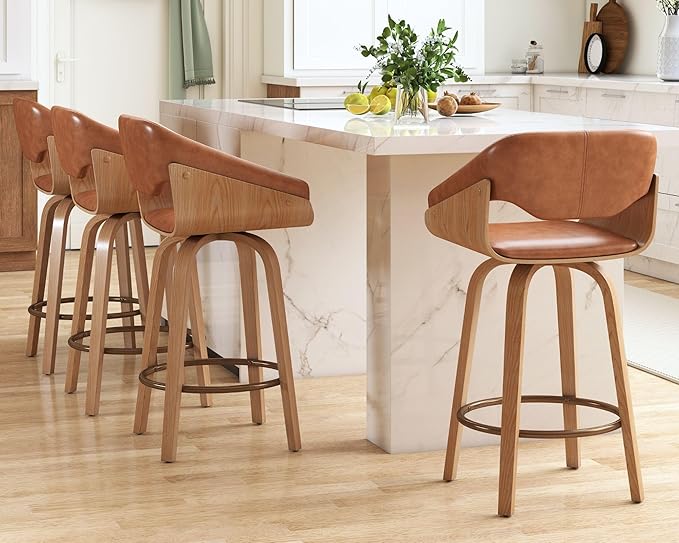 HNY 26 Inch Swivel Bar Stools with Back Set of 2, Brown Faux Leather Upholstered Counter Height Barstools with Solid Bentwood Frame, Round Footrest, Modern Barrel Counter Stools for Kitchen Island