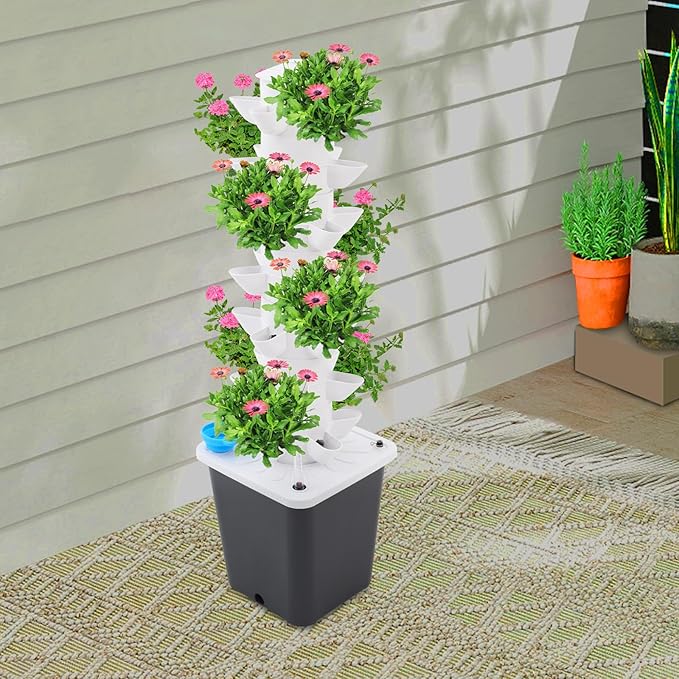 7-Tier Hydroponic Growing Tower, 35-Plant Indoor Gardening System w/Automatic Water Circulation, Vertical Aeroponic Tower Garden for Herbs, Vegetables, Fruits (Grey, 35-Plants)