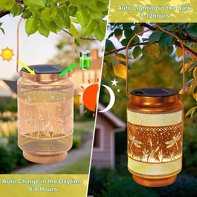 Dragonfly Solar Lanterns Outdoor Waterproof with Shepherd Hook, Birthday Gifts for Christmas Women Mom Grandma, Metal Solar Hanging Lights Garden Decor for Outside Yard Patio Pathway Backyard Porch