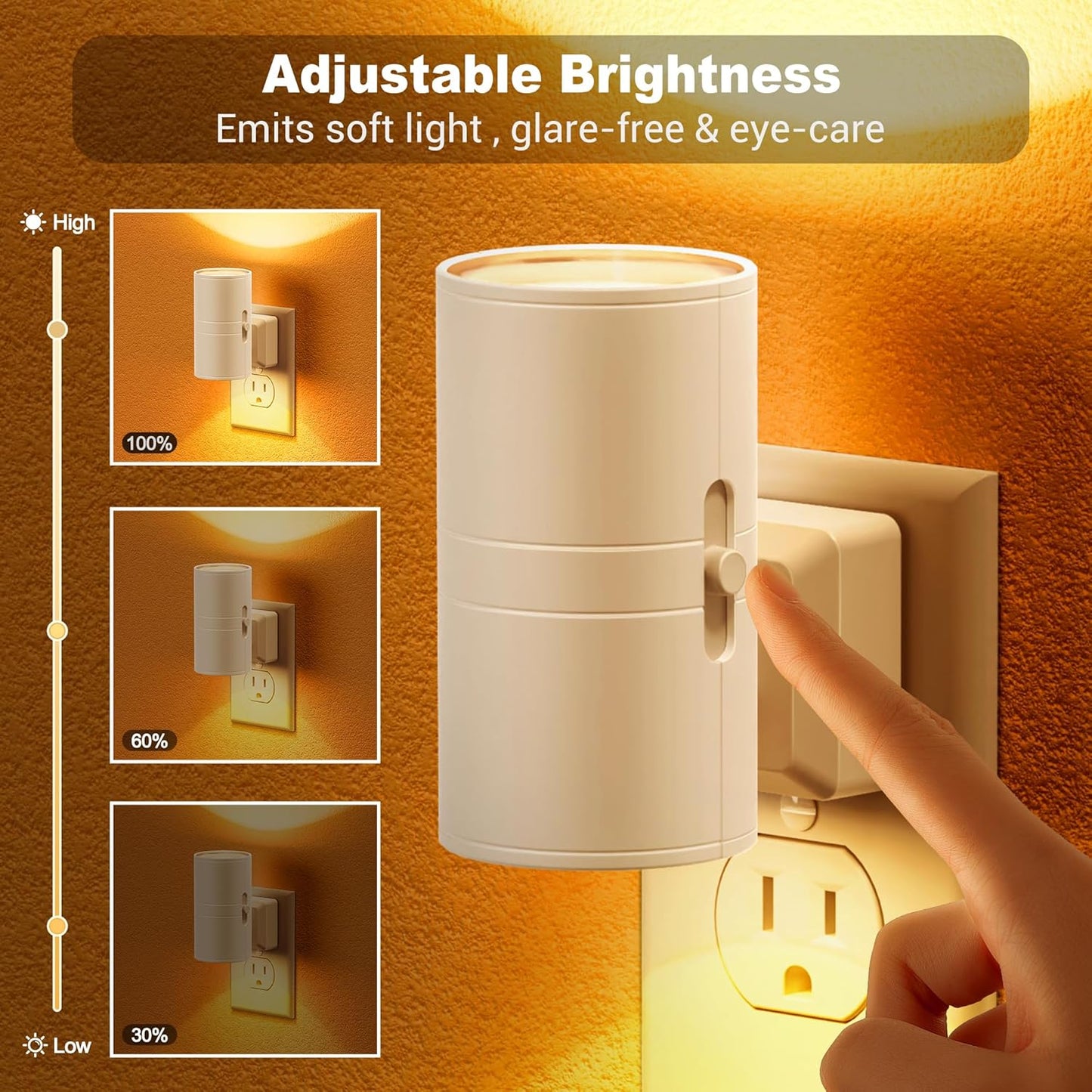 Amber Night Lights Plug into Wall, Dimmable Night Light Plug in, Modern Night Lights Auto On/Off, Amber Night Light 2000K, 0-100LM Adjustable Brightness Nightlight for Hallway Bedroom, 2 Pack