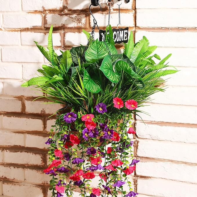 12 Pcs Artificial Greenery for Outdoor UV Resistant Fake Flowers and Greeneries Plastic Hanging Plants for Window Box Spring Summer Garden Patio Porch Yard Decoration(Bright Color)