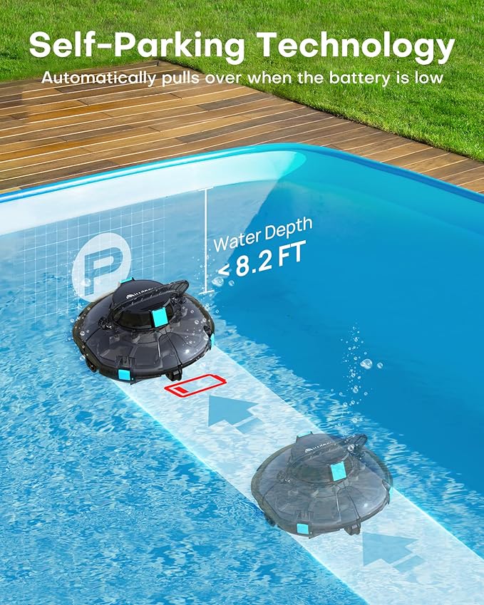 (2025 Upgrade) Cordless Robotic Pool Cleaner, Lasts 80 Min, Automatic Vacuum for Above-Ground Pools up to 645 Sq.ft,Portable, Self-Parking,Light Black