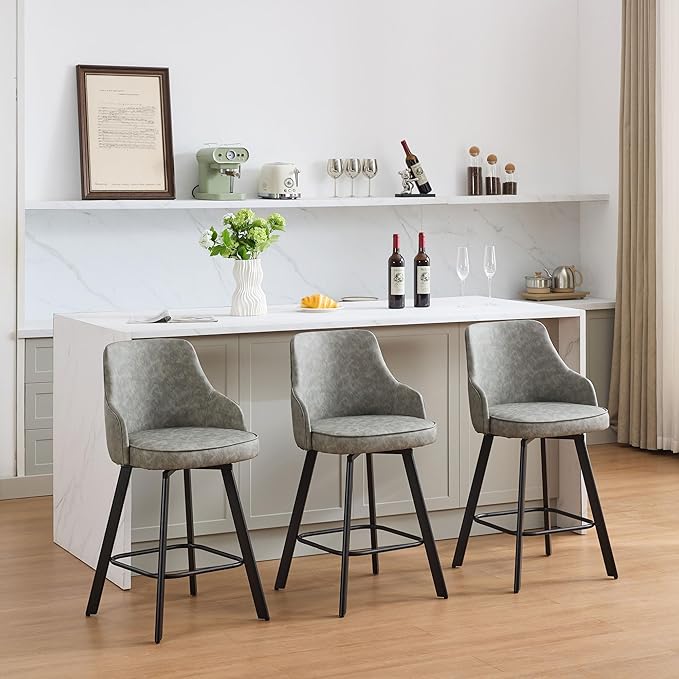 Bar Stools Set of 3, 26" Swivel Counter Height Bar stools with High Back, Faux Leather Kitchen Barstools Counter Height for Kitchen Island (Light Grey, 3PCS 26" Counter Stools)