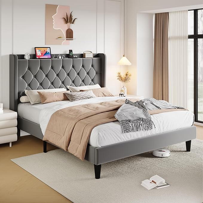 SHA CERLIN Queen Size Platform Bed Frame with Charging Station, Velvet Wingback Headboard with Storage Shelf, Wooden Slats Support, Ample Under-Bed Space, No Box Spring Needed, Easy Assembly, Grey