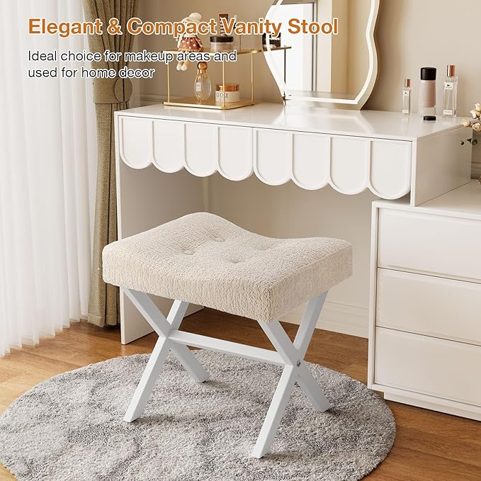 18-Inch Large Vanity Stool Chair, Vanity Bench with Metal X-Legs, Ottoman Accent Stool with Breathable and Soft Boucle Fabric Saddle Seat, Beige