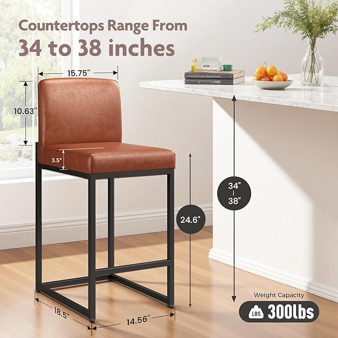 ALPHA HOME 24” Bar Stools Set of 2 Counter Height Bar Stool Pu Leather Kitchen Modern Bar Stools with Backrest Upholstered Footrest Sturdy Chromed Metal Steel Frame,Brown.
