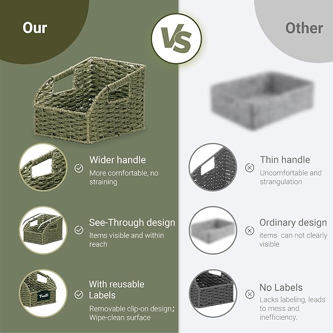 Wicker Baskets for Organizing,Pantry, Kitchen Counter with Handles, Handwoven Woven Storage Baskets for Fruit, Bread, Vegetable, Paper Storage Bins for Shelves, 3 Pack, Green