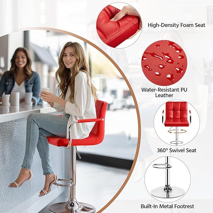 Yaheetech Bar Stools Set of 2, PU Leather Adjustable Swivel Barstools, Hydraulic Kitchen Counter Height Bar Chairs with Armrest and Back for Bar, Kitchen, Dining Room, Red