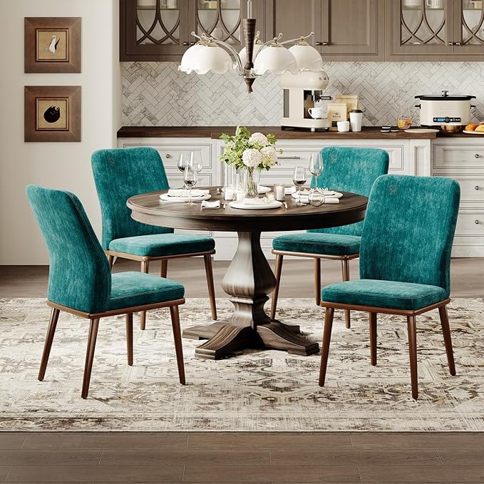 Modern Dining Chairs Set of 4, Upholstered Kitchen Chairs with High Back, Padded Fabric Dining Room Chair with Solid Wood Legs for Restaurant/Cafe/Home, Green