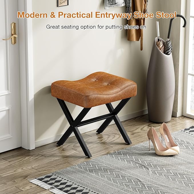 18-Inch Large Leather Vanity Stool, Vanity Chair with Metal X-Leg, Ottoman Accent Stool with Thick Padded Saddle Seat, Brown