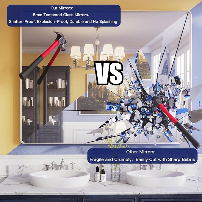 ISKM Black Framed Mirror for Bathroom 60" x 40" Matte Black Bathroom Vanity Mirror Anti-Rust, Tempered Glass, Rounded Rectangle Mirror(Horizontal/Vertical)